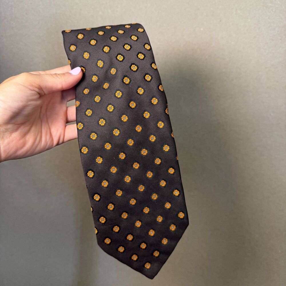 Vintage Givenchy Mens Tie Black Silk Geometric Medallion Gold Pattern Luxury